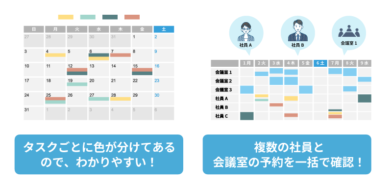 カレンダー Plus は、タスクごとに色が分けてあるのでわかりやすい！ 複数の社員と会議室の予約を一括で確認j！