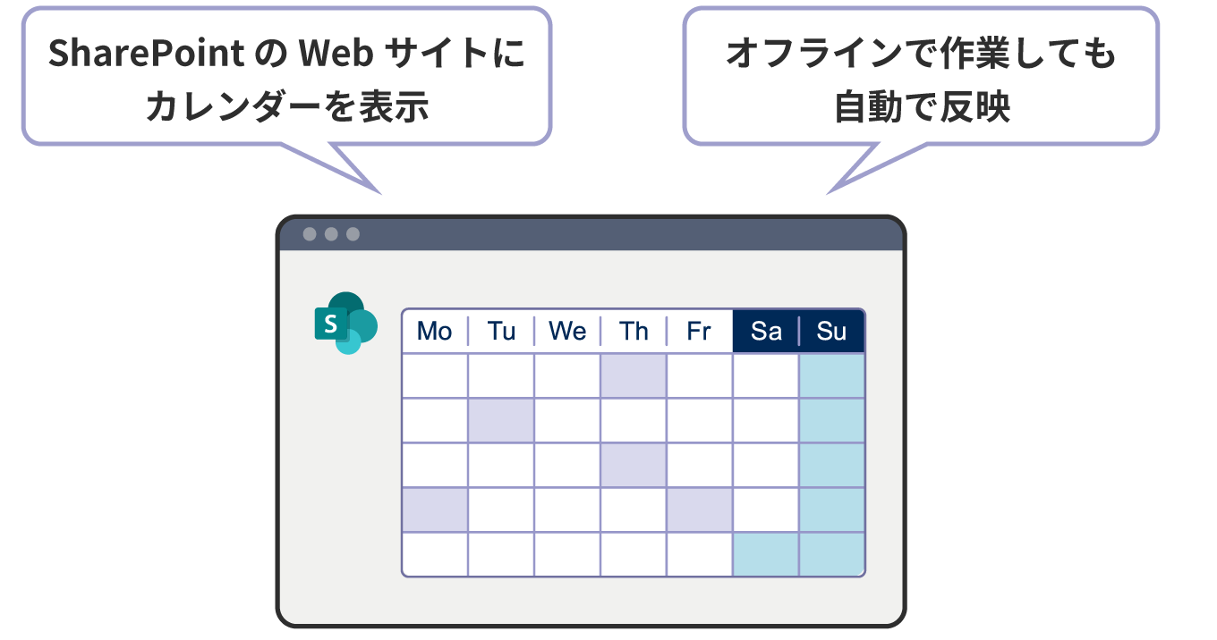 SharePoint のWebサイトにカレンダーを表示でき、オフライン作業でも自動で反映