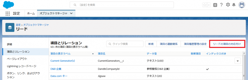 取引先責任者項目とリード項目のマッピングを行う